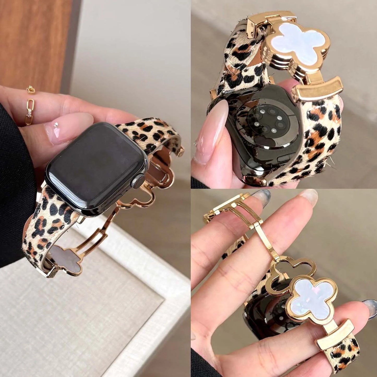 Four-Leaf Leopard Leather Magnetic Band for Apple Watch