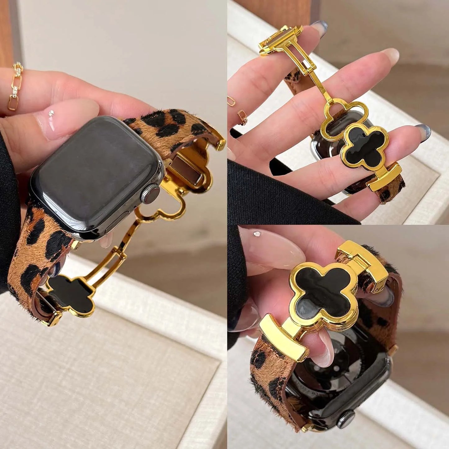 Four-Leaf Leopard Leather Magnetic Band for Apple Watch