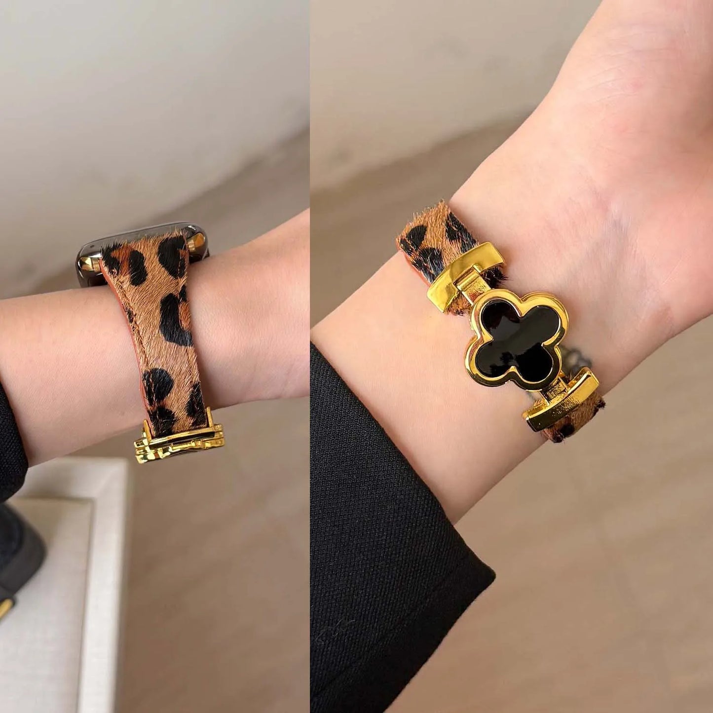 Four-Leaf Leopard Leather Magnetic Band for Apple Watch