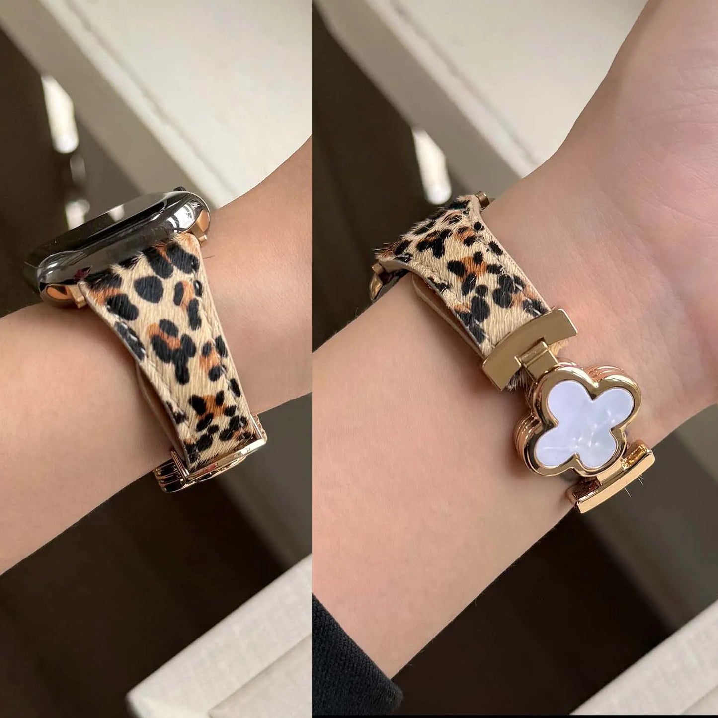Four-Leaf Leopard Leather Magnetic Band for Apple Watch