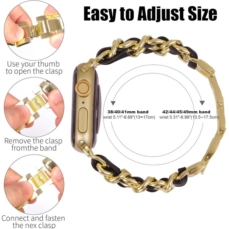 Luxury Metal & Leather Chain Band for Apple Watch